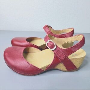 Dansko Tiffani Red Leather Mule Wedge Sandals - EU 38/US 7.5-8